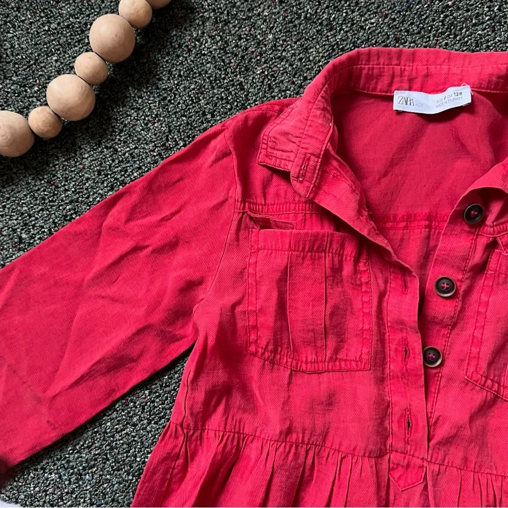 ZARA Red Button Down Babydoll Shirt Ribbwd Casual Midi Long-Sleeve Collar Dress
